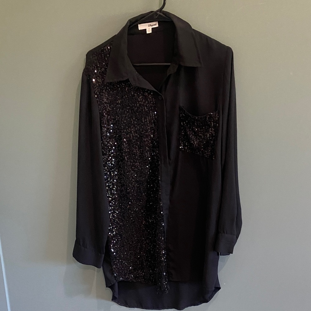 Black Sequin Button-Up Blouse with Pocket